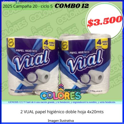 COMBO 12 - 2 VUAL PAPEL HIGIÉNICO DOBLE HOJA 4x20mts