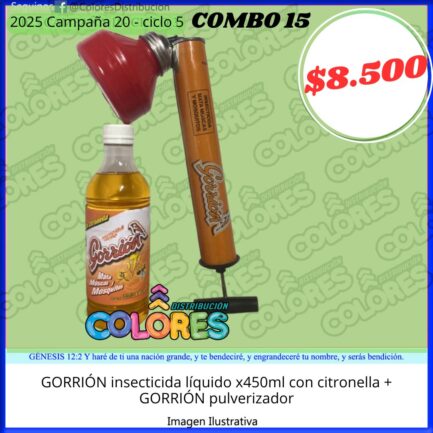 COMBO 15 - GORRIÓN INSECTICIDA LÍQUIDO x450ml CON CITRONELLA + GORRIÓN PULVERIZADOR