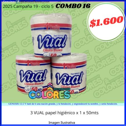 COMBO 16 - 3 VUAL PAPEL HIGIÉNICO x1 x50mts