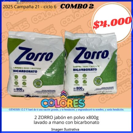 COMBO 2 - 2 ZORRO JABÓN EN POLVO x800g LAVADO A MANO CON BICARBONATO