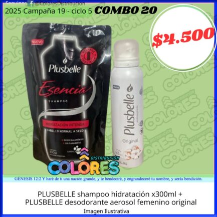 COMBO 20 - PLUSBELLE SHAMPOO HIDRATACIÓN x300ml + PLUSBELLE DESODORANTE AEROSOL FEMENINO ORIGINAL