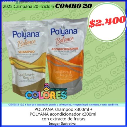 COMBO 20 - POLYANA SHAMPOO x300ml + POLYANA ACONDICIONADOR x300ml CON EXTRACTO DE FRUTAS