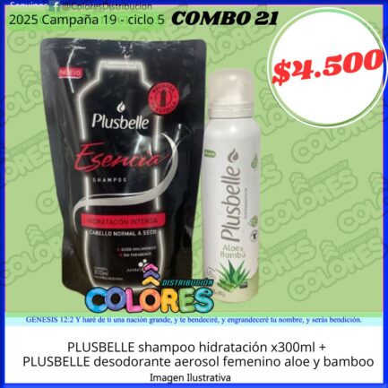 COMBO 21 - PLUSBELLE SHAMPOO HIDRATACIÓN x300ml + PLUSBELLE DESODORANTE AEROSOL FEMENINO ALOE Y BAMBOO