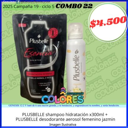 COMBO 22 - PLUSBELLE SHAMPOO HIDRATACIÓN x300ml + PLUSBELLE DESODORANTE AEROSOL FEMENINO JAZMIN