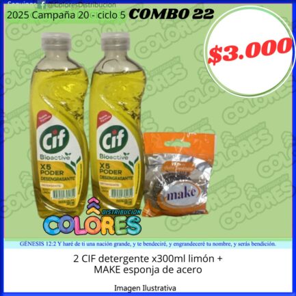 COMBO 22 - 2 CIF DETERGENTE x500ml LIMÓN + MAKE ESPONJA DE ACERO