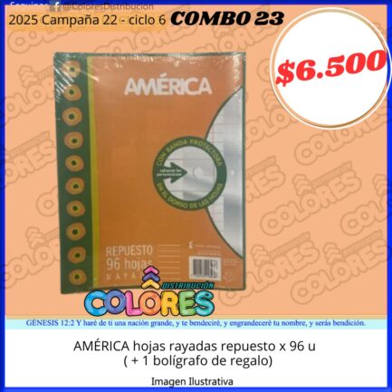 COMBO 23 - AMÉRICA HOJAS RAYADAS REPUESTO x96u + BOLÍGRAFO DE REGALO