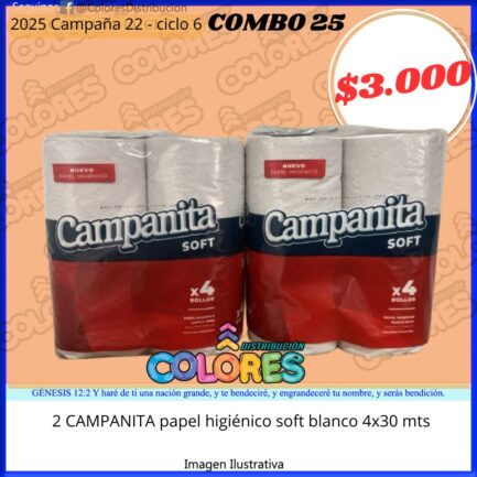 COMBO 25 - 2 CAMPANITA PAPEL HIGIÉNICO SOFT BLANCO 4x30mts