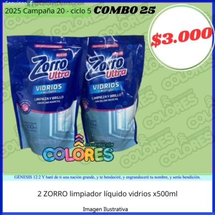 COMBO 25 - 2 ZORRO LIMPIADOR LÍQUIDO VIDRIOS x500ml