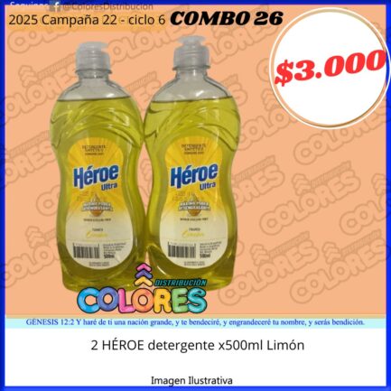 COMBO 26 - 2 HÉROE DETERGENTE x500ml LIMÓN