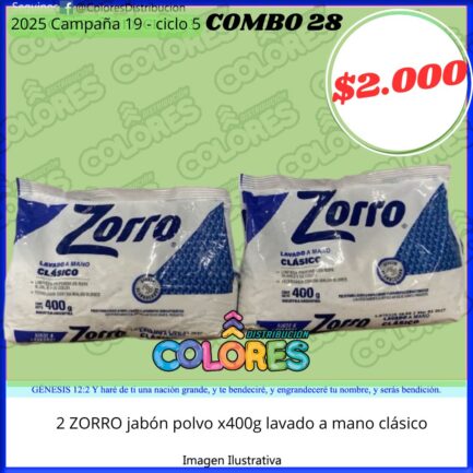 COMBO 28 - 2 ZORRO JABÓN EN POLVO x400g LAVADO A MANO CLÁSICO