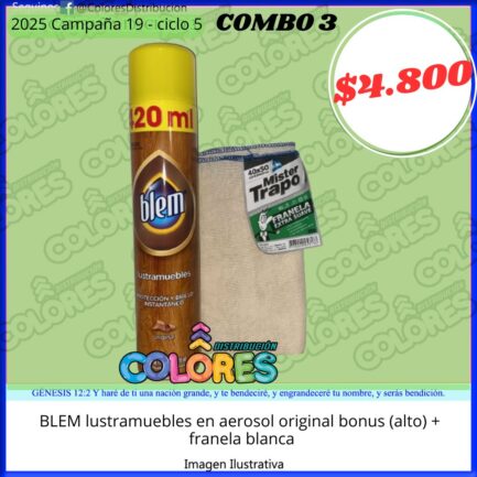 COMBO 3 - BLEM LUSTRAMUEBLES EN AEROSOL ORIGINAL BONUS (ALTO) + FRANELA BLANCA