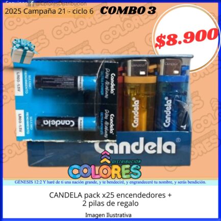 COMBO 3 - CANDELA PACK x25 ENCENDEDORES + 2 PILAS DE REGALO