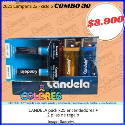 COMBO 30 - CANDELA PACK x25 ENCENDEDORES + 2 PILAS DE REGALO