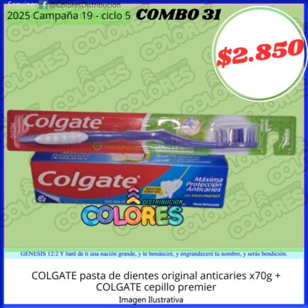 COMBO 31 - COLGATE PASTA DE DIENTES ORIGINAL ANTICARIES x70g + COLGATE CEPILLO PREMIER