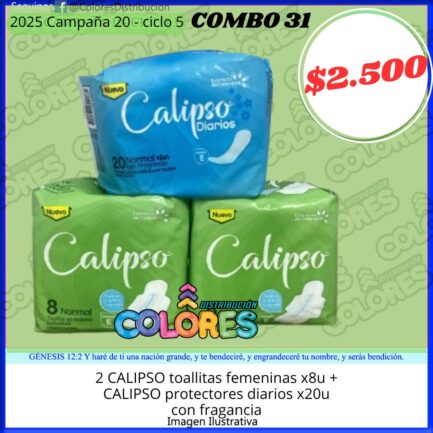 COMBO 31 - 2 CALIPSO TOALLITAS FEMENINAS x8u + CALIPSO PROTECTORES DIARIOS CON FRAGANCIAx20u
