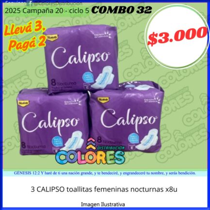 COMBO 32 - 3 CALIPSO TOALLITAS FEMENINAS NOCTURNAS x8u