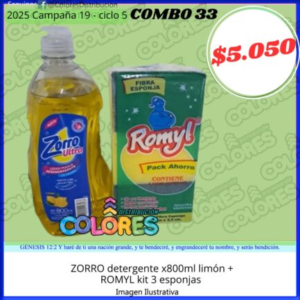COMBO 33 - ZORRO DETERGENTE x800ml LIMÓN + ROMYL KIT 3 ESPONJAS
