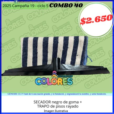 COMBO 40 - SECADOR NEGRO DE GOMA + TRAPO DE PISOS RAYADO