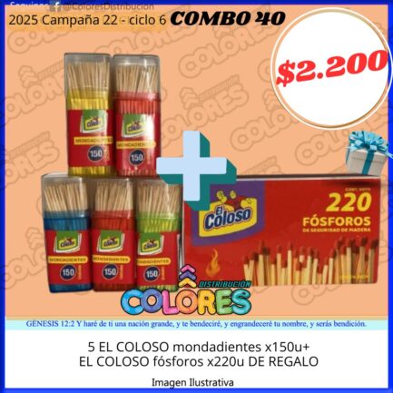 COMBO 40 - 5 EL COLOSO MONDADIENTES x150u + EL COLOSO FÓSFOROS x220u DE REGALO