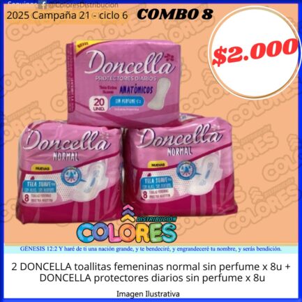 COMBO 8 - 2 DONCELLA TOALLITAS FEMENINAS NORMAL SIN PERFUME x8u + DONCELLA PROTECTORES DIARIOS SIN PERFUME x8u