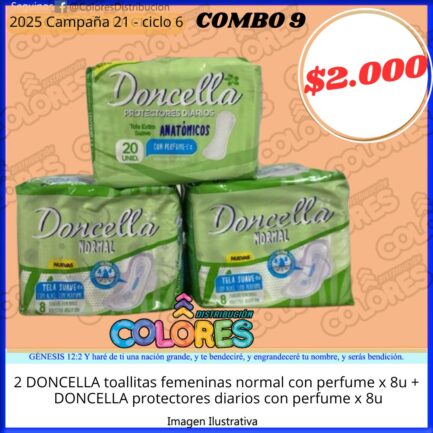 COMBO 9 - 2 DONCELLA TOALLITAS FEMENINAS NORMAL CON PERFUME x8u + DONCELLA PROTECTORES DIARIOS CON PERFUME x8u