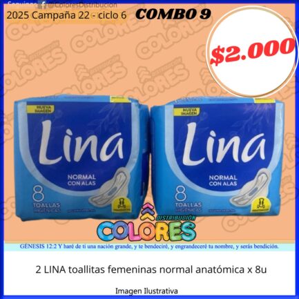 COMBO 9 - 2 LINA TOALLITAS FEMENINAS NORMAL ANATÓMICA x8u