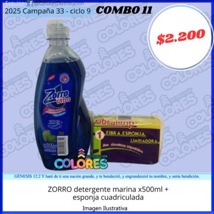 COMBO 11 - ZORRO DETERGENTE MARINA x500ml + ESPONJA CUADRICULADA