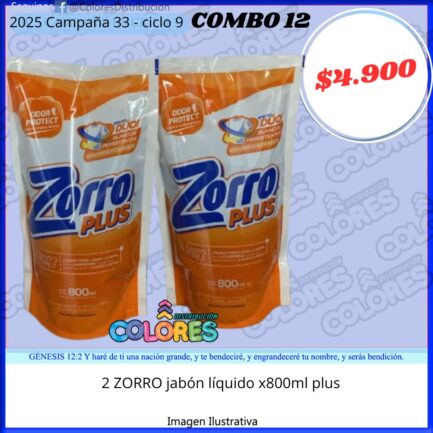 COMBO 12 - 2 ZORRO JABÓN LÍQUIDO x800ml PLUS