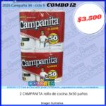 COMBO 12 - 2 CAMPANITA ROLLO DE COCINA 3x50 PAÑOS