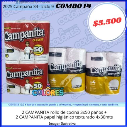COMBO 14 - 2 CAMPANITA ROLLO DE COCINA 3x50 PAÑOS + 2 CAMPANITA PAPEL HIGIÉNICO TEXTURADO 4x30mts