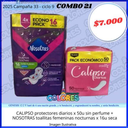 COMBO 21 - CALIPSO PROTECTORES DIARIOS x50u SIN PERFUME + NOSOTRAS TOALLITAS FEMENINAS NOCTURNAS x16u SECA