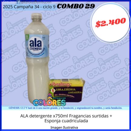 COMBO 29 - ALA DETERGENTE x750ml FRAGANCIAS SURTIDAS + ESPONJA CUADRICULADA
