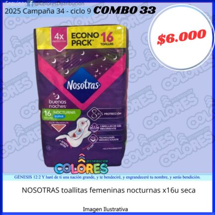COMBO 33 - NOSOTRAS TOALLITAS FEMENINAS NOCTURNAS x16u SECA