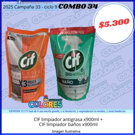 COMBO 34 - CIF LIMPIADOR ANTIGRASA x900ml + CIF LIMPIADOR BAÑO x900ml