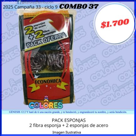 COMBO 37 - PACK ESPONJAS 2 FIBRA ESPONJA + 2 ESPONJAS DE ACERO
