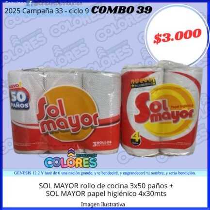 COMBO 39 - SOL MAYOR ROLLO DE COCINA 3x50 PAÑOS + SOL MAYOR PAPEL HIGIÉNICO 4x30mts