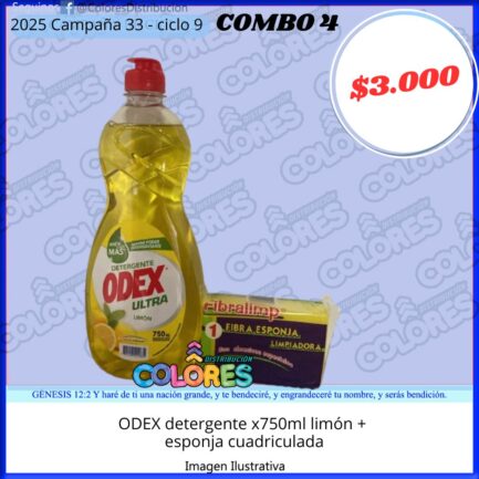 COMBO 4 - ODEX DETERGENTE x750ml LIMÓN + ESPONJA CUADRICULADA