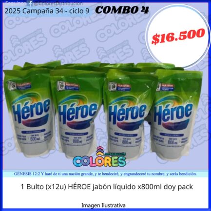 COMBO 4 - 1 BULTO(x12u) HÉROE JABÓN LÍQUIDO x800ml DOY PACK