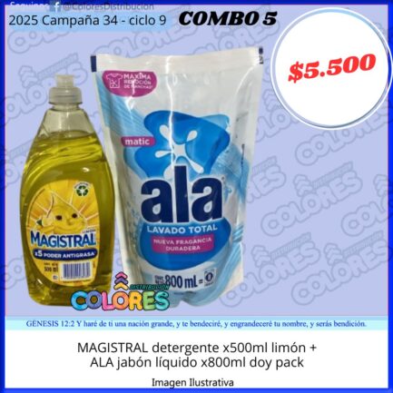 COMBO 5 - MAGISTRAL DETERGENTE x500ml LIMÓN + ALA JABÓN LÍQUIDO x800ml DOY PACK