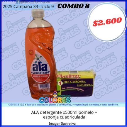 COMBO 8 - ALA DETERGENTE x500ml POMELO + ESPONJA CUADRICULADA