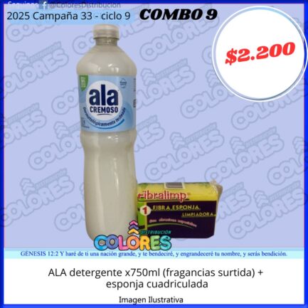 COMBO 9 - ALA DETERGENTE x750ml FRAGANCIAS SURTIDAS + ESPONJA CUADRICULADA