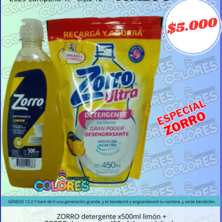 COMBO 8 - ZORRO DETERGENTE x500ml LIMÓN + ZORRO DETERGENTE x450ml DOY PACK LIMÓN