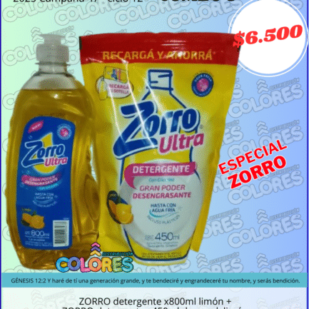 COMBO 9 - ZORRO DETERGENTE x800ml LIMÓN + ZORRO DETERGENTE x450ml DOY PACK LIMÓN