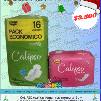 COMBO 38 - CALIPSO TOALLITAS FEMENINAS NORMAL x16u + CALIPSO PROTECTORES DIARIOS SIN FRAGANCIA x20u