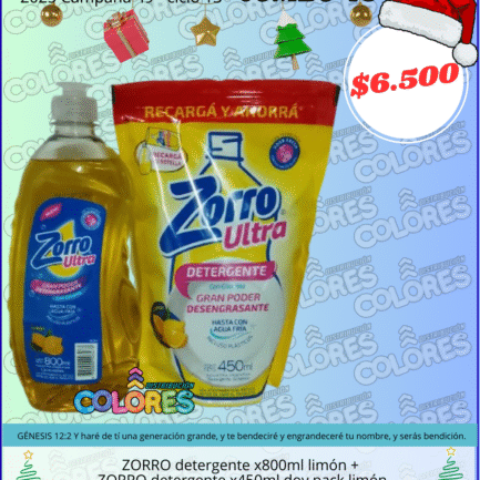 COMBO 49 - ZORRO DETERGENTE x800ml LIMÓN + ZORRO DETERGENTE x450ml DOY PACK LIMÓN