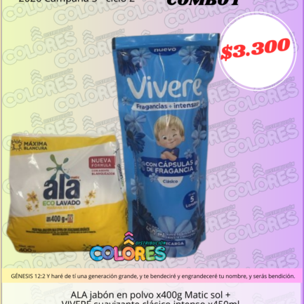 COMBO 1 - ALA JABÓN EN POLVO x400g MATIC SOL + VIVERE SUAVIZANTE CLÁSICO INTENSO x450ml