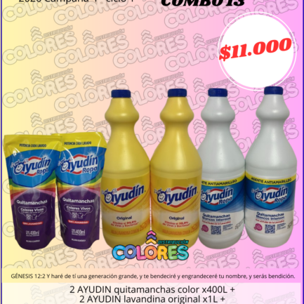 COMBO 13 - 2 AYUDIN QUITAMANCHAS COLOR x400ml + 2 AYUDIN LAVANDINA ORIGINAL x1L + 2 AYUDIN LAVANDINA ROPA BLANCA x1L