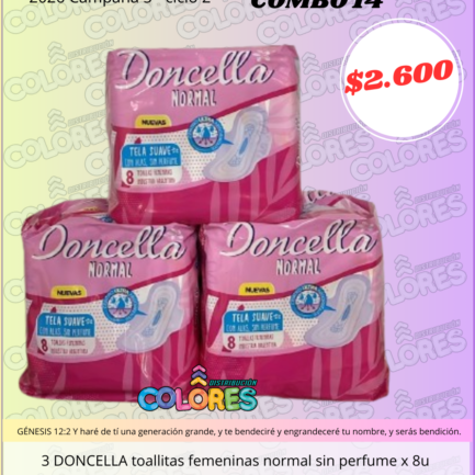 COMBO 14 - 3 DONCELLA TOALLITAS FEMENINAS NORMAL SIN PERFUME x8u