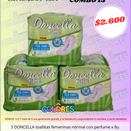 COMBO 15 - 3 DONCELLA TOALLITAS FEMENINAS NORMAL CON PERFUME x8u