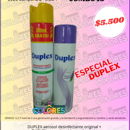 COMBO 15 - DUPLEX AEROSOL DESINFECTANTE ORIGINAL + DUPLEX AEROSOL AMBIENTES LAVANDA